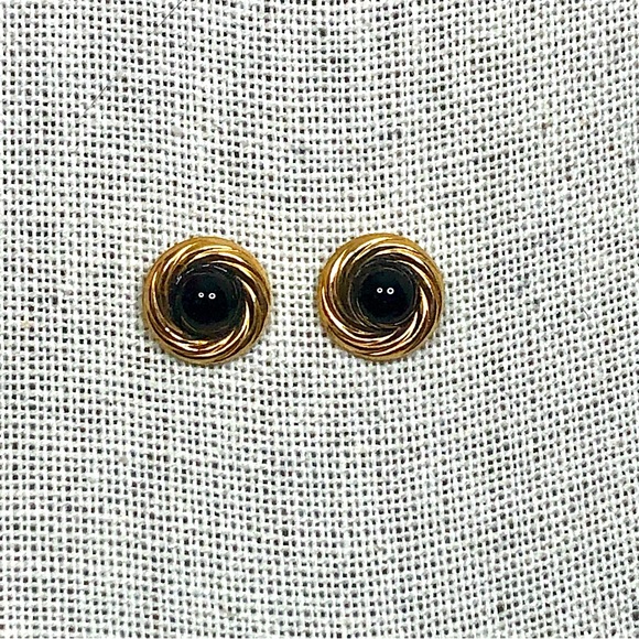 14k Gold Swirl Button and Onyx Cabochon Stud Vintage Earrings - Picture 10 of 10
